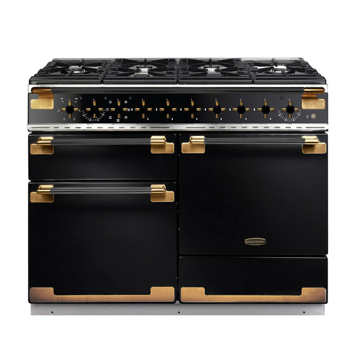 Rangemaster Elise Luxe 110cm Dual Fuel Black with Black / Antique Brass trim Range Cooker front view