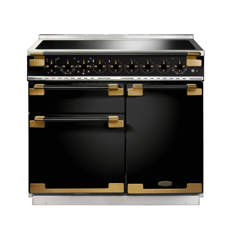 Rangemaster Elise Luxe 100cm Induction Black with Black / Antique Brass trim Range Cooker front view
