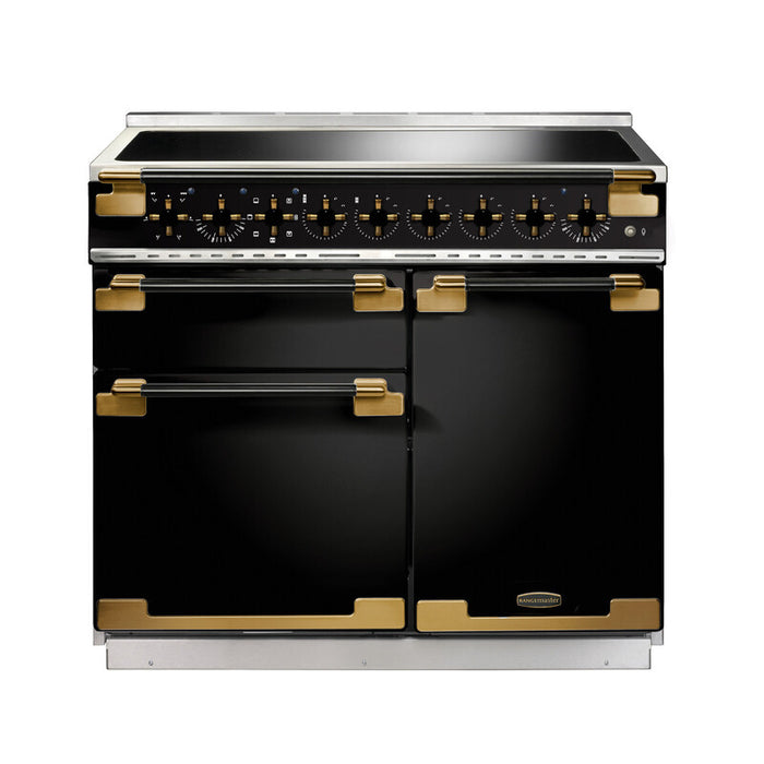 Rangemaster Elise Luxe 100cm Induction Black with Black / Antique Brass trim Range Cooker front view