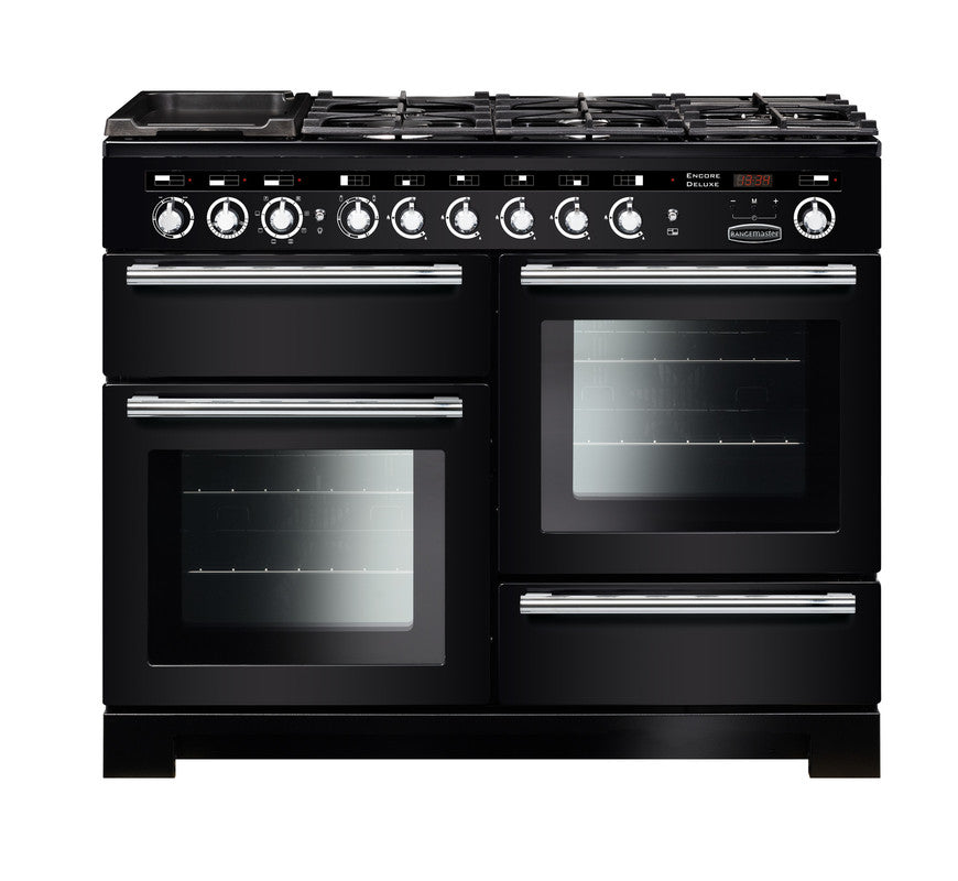 Rangemaster Encore Deluxe 110cm Dual Fuel Black with Chrome trim Range Cooker front view