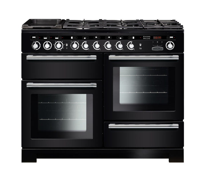 Rangemaster Encore Deluxe 110cm Dual Fuel Black with Chrome trim Range Cooker front view