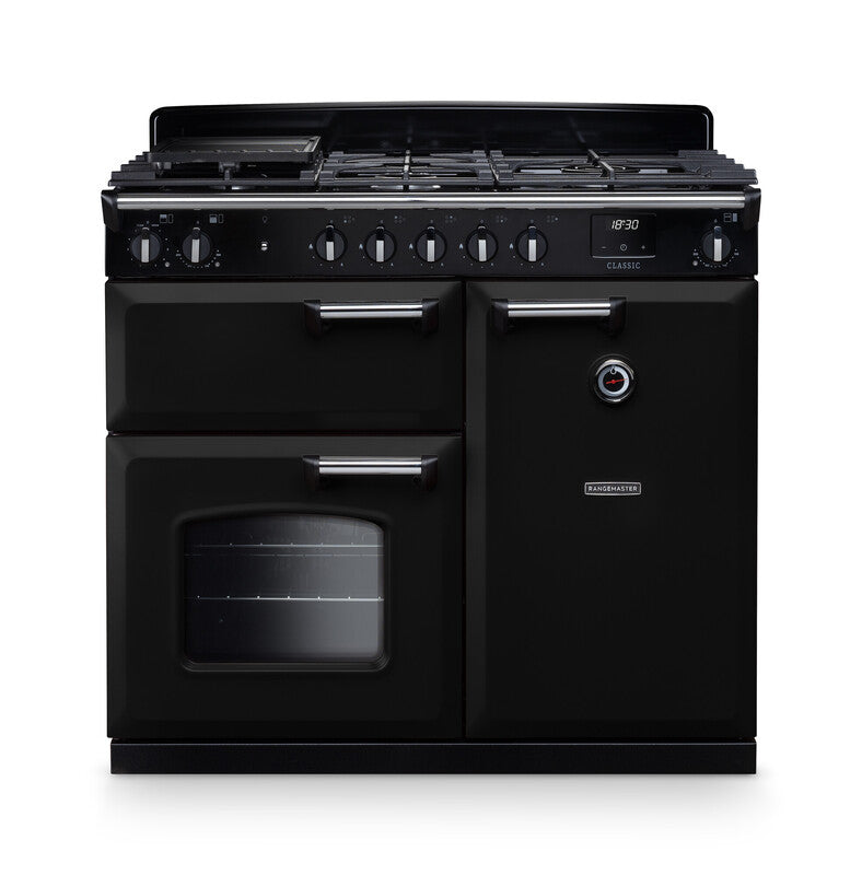 Rangemaster Classic 100cm Dual Fuel Gloss Black with Chrome trim Range Cooker front view