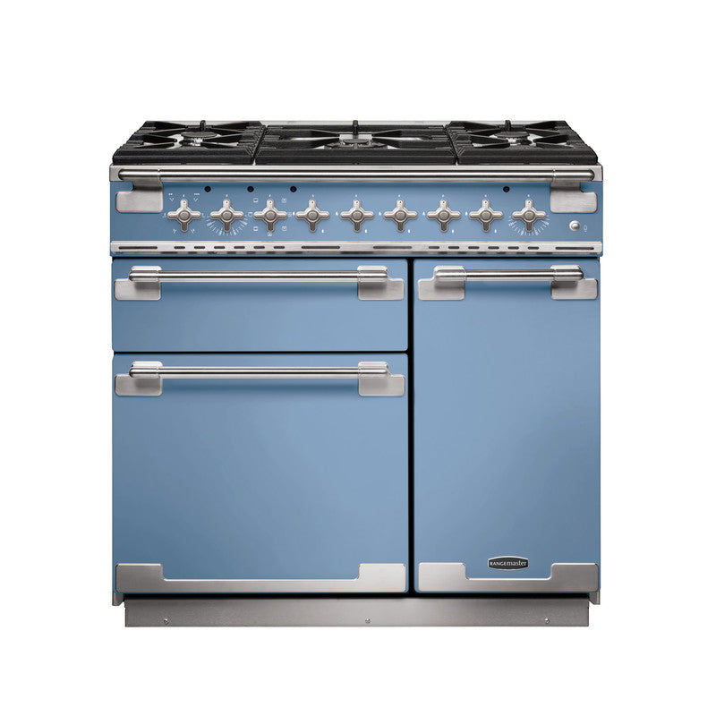 Rangemaster Elise 90cm Dual Fuel China Blue with Brushed Nickel trim Range Cooker front view