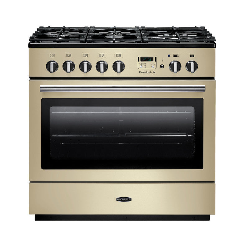 Rangemaster Professional+ FX 90cm Dual Fuel Cream with Chrome trim Range Cooker front view