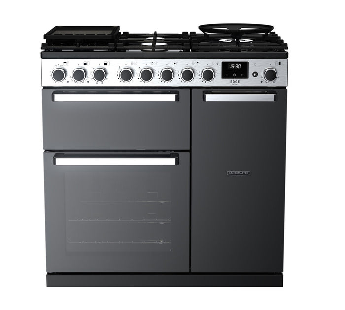 Rangemaster Edge Deluxe 90cm Dual Fuel Black Glass with Chrome trim Range Cooker front view
