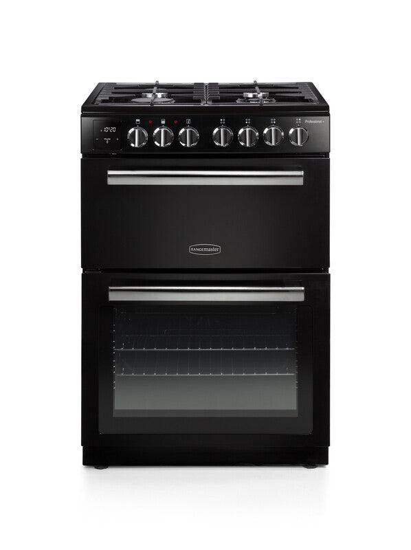Rangemaster Professional+ Dual Fuel Black with Chrome trim Cooker front view