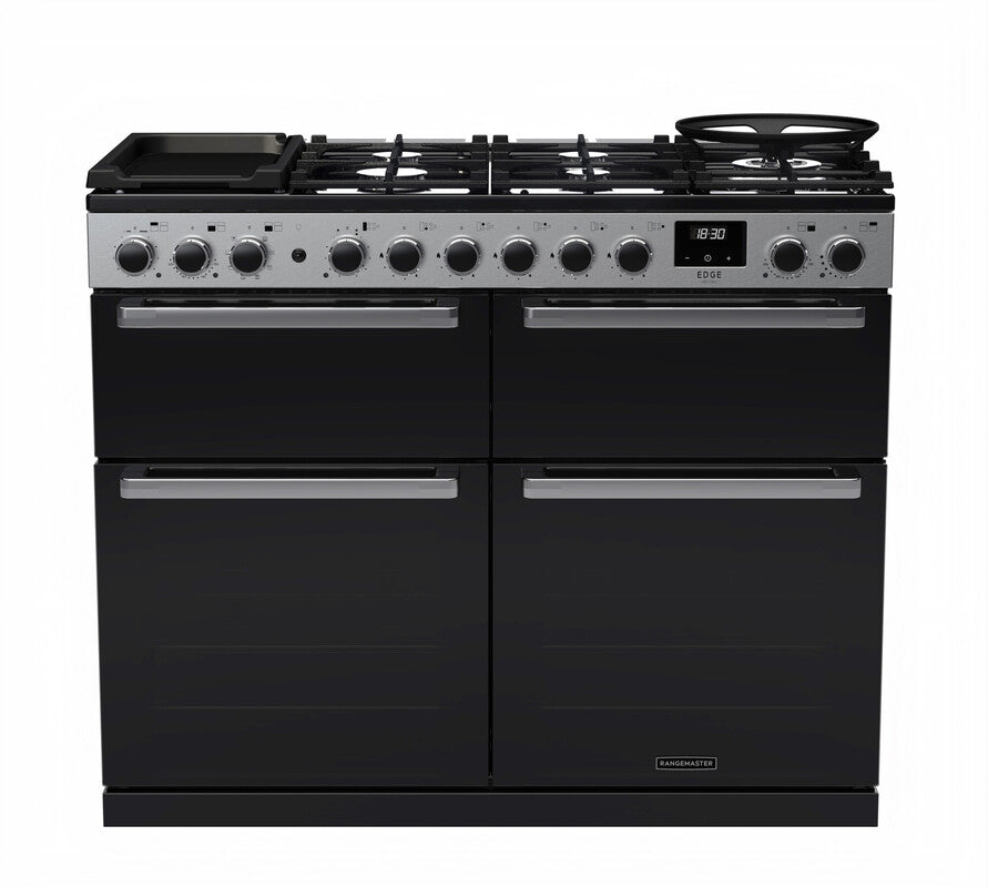 Rangemaster Edge Deluxe 110cm Dual Fuel Black Glass with Chrome trim Range Cooker front view
