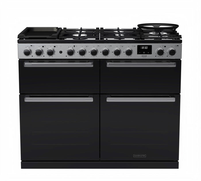 Rangemaster Edge Deluxe 110cm Dual Fuel Black Glass with Chrome trim Range Cooker front view