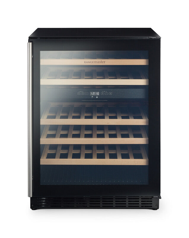 Rangemaster Wine Cabinet 60cm Black with Stainless Steel trim Wine Cooler front view