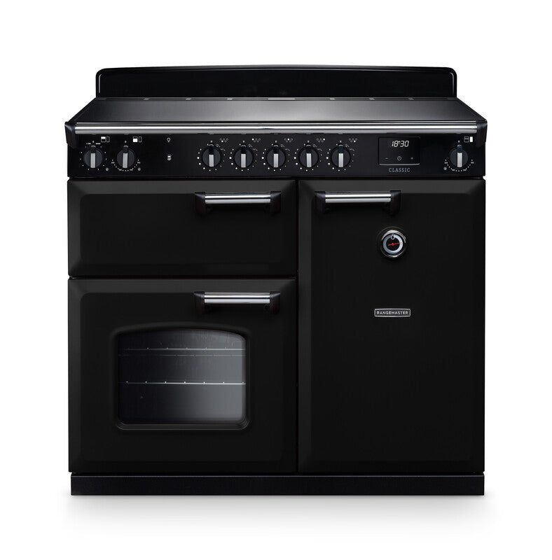 Rangemaster Classic 100cm Induction Gloss Black with Chrome trim Range Cooker front view