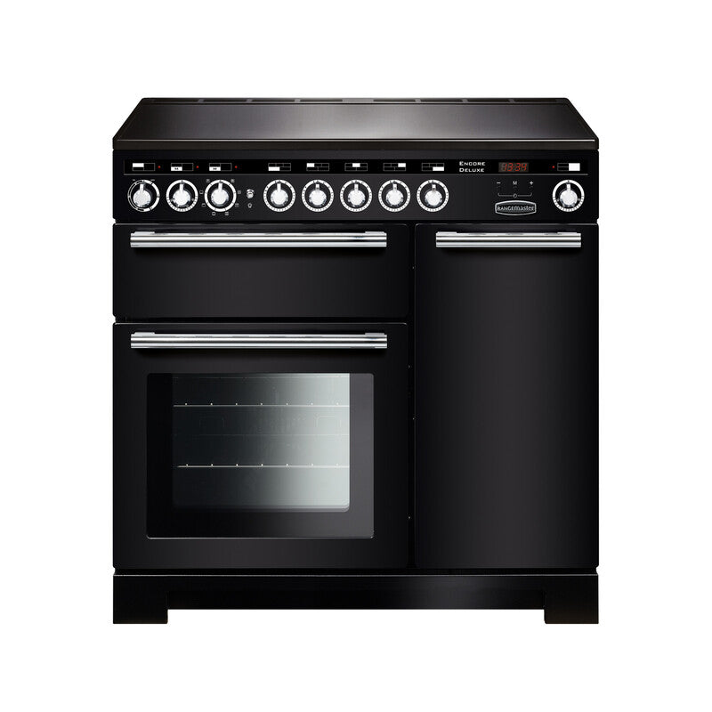 Rangemaster Encore Deluxe 90cm Induction Black with Chrome trim Range Cooker front view