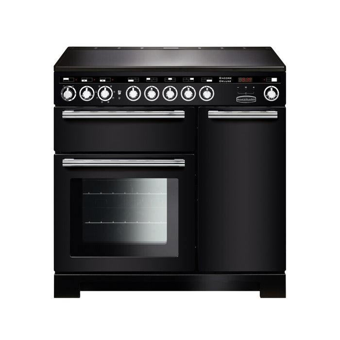 Rangemaster Encore Deluxe 90cm Induction Black with Chrome trim Range Cooker front view