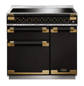 Rangemaster Elise Luxe 90cm Induction Black with Black / Antique Brass trim Range Cooker front view
