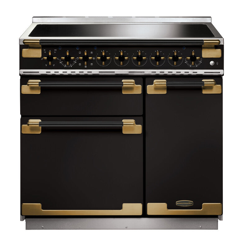 Rangemaster Elise Luxe 90cm Induction Black with Black / Antique Brass trim Range Cooker front view