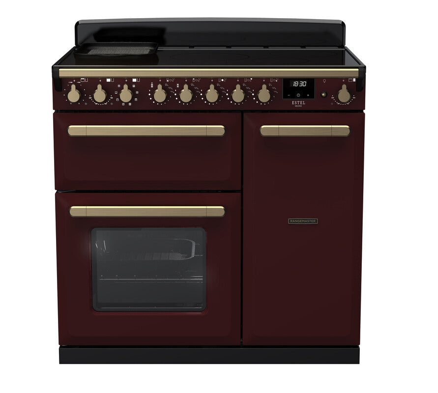 Rangemaster Estel Deluxe 90cm Induction Bordeaux with Antique Brass trim Range Cooker front view