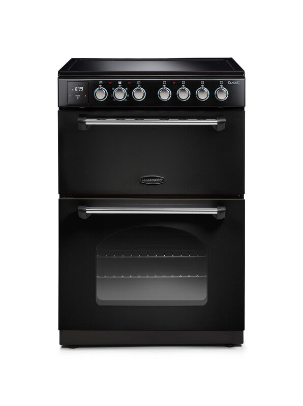 Rangemaster Classic Ceramic Black with Chrome trim Cooker front view