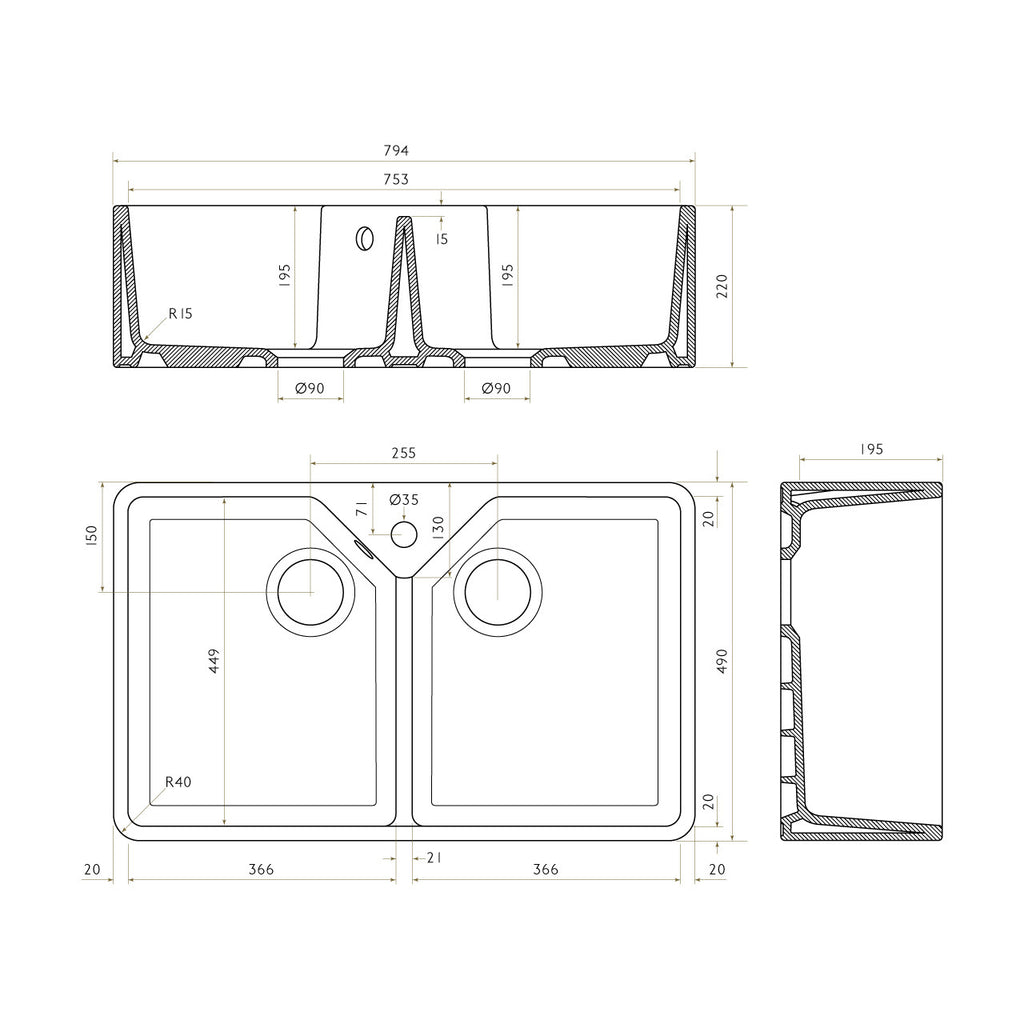 Bidbury & Co Alderley Double Bowl Ceramic Butler Sink — White — technical drawing