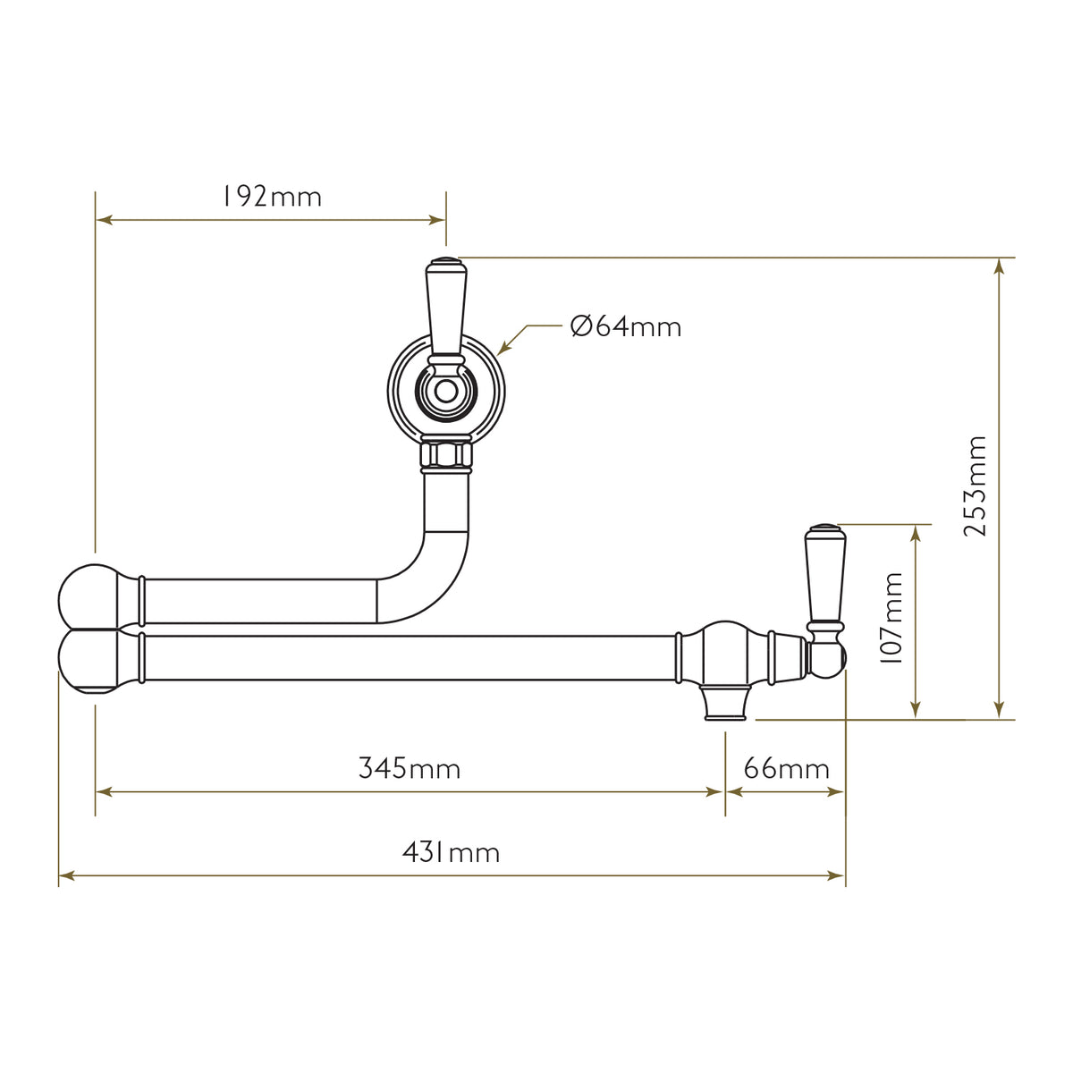 Bidbury & Co Aldsworth Pot Filler — Chrome — technical drawing