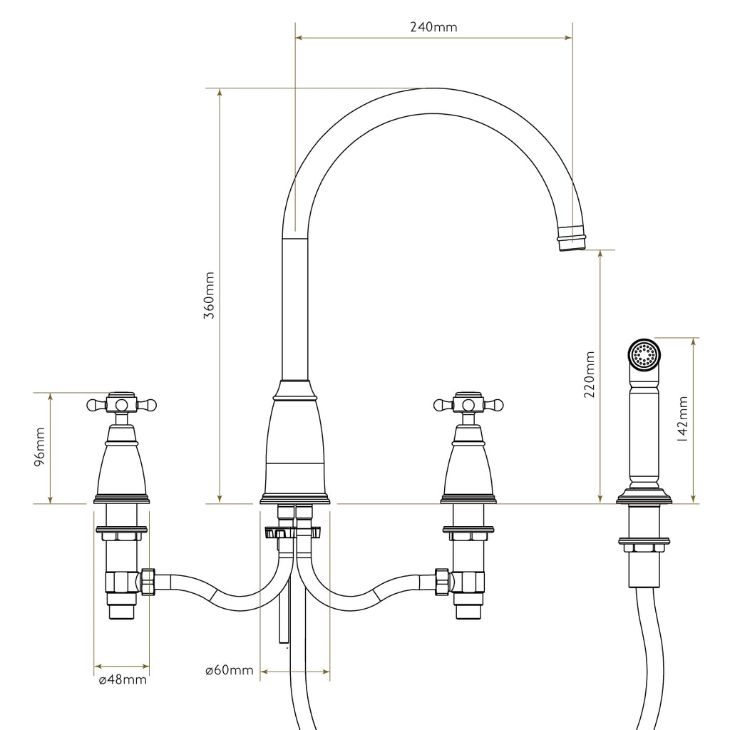 Bidbury & Co Ebrington Kitchen Tap with Rinse — Chrome — technical drawing