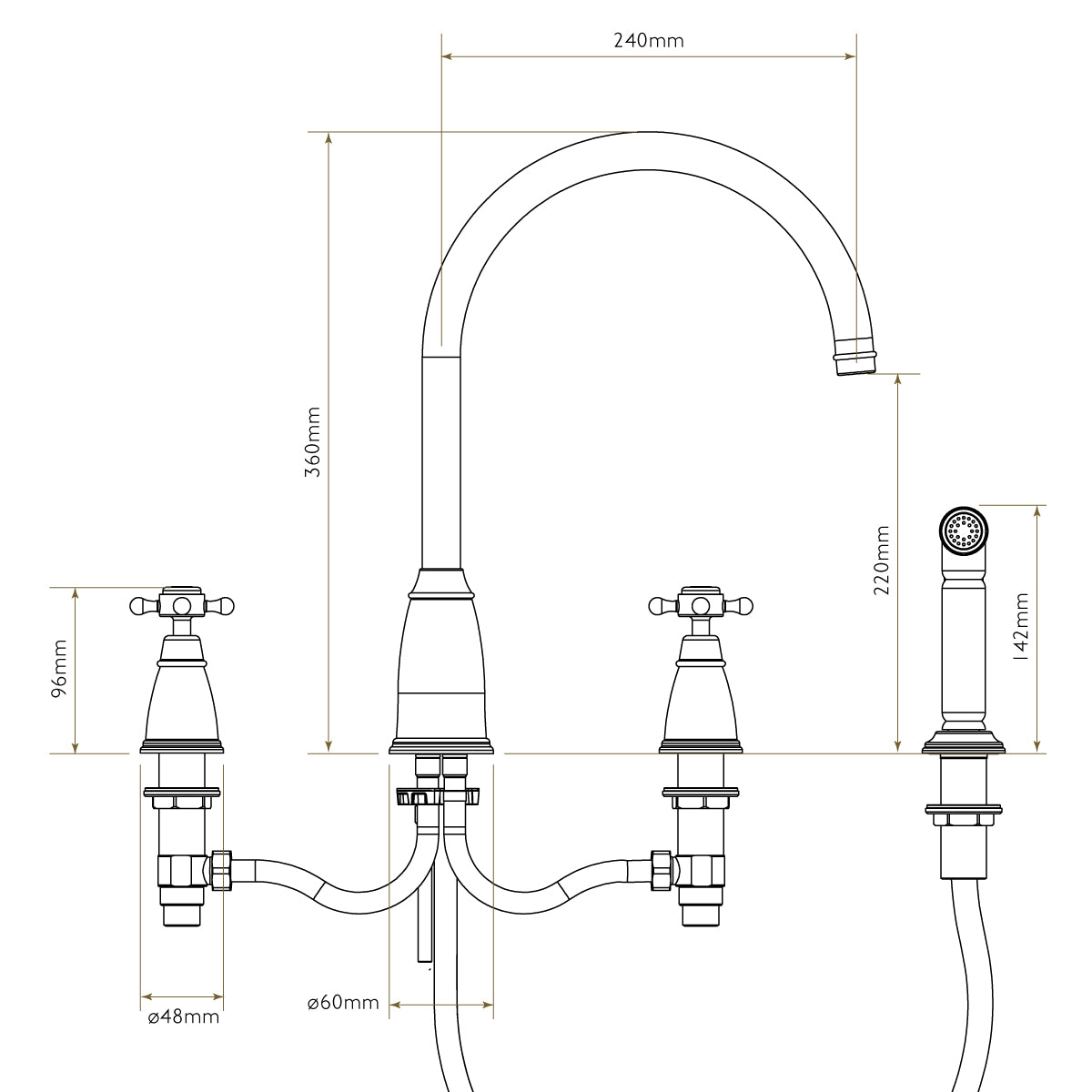 Bidbury & Co Ebrington Kitchen Tap with Rinse — Chrome — technical drawing