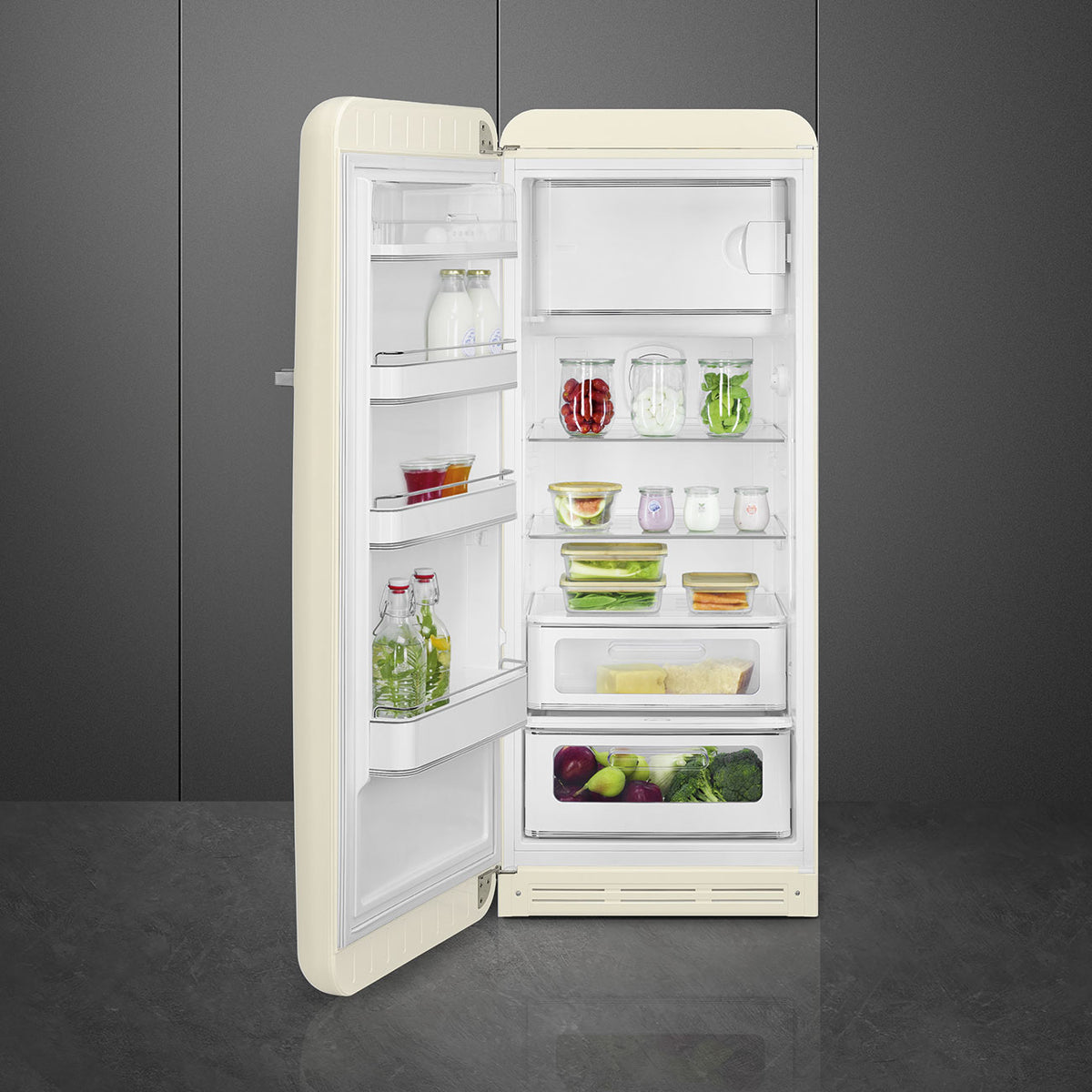 Retro Free Standing Refrigerator in Cream, Left hand hinge