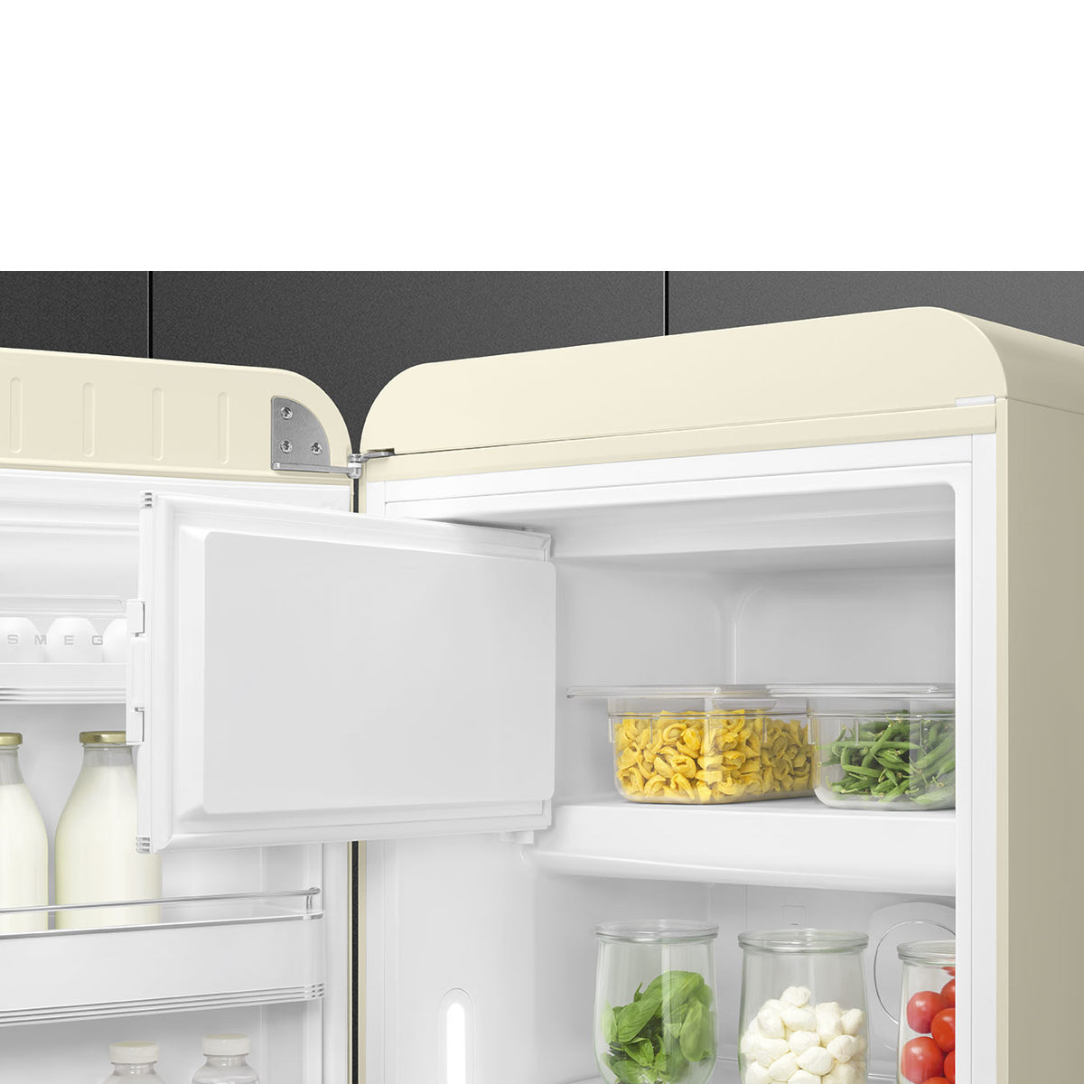 Retro Free Standing Refrigerator in Cream, Left hand hinge