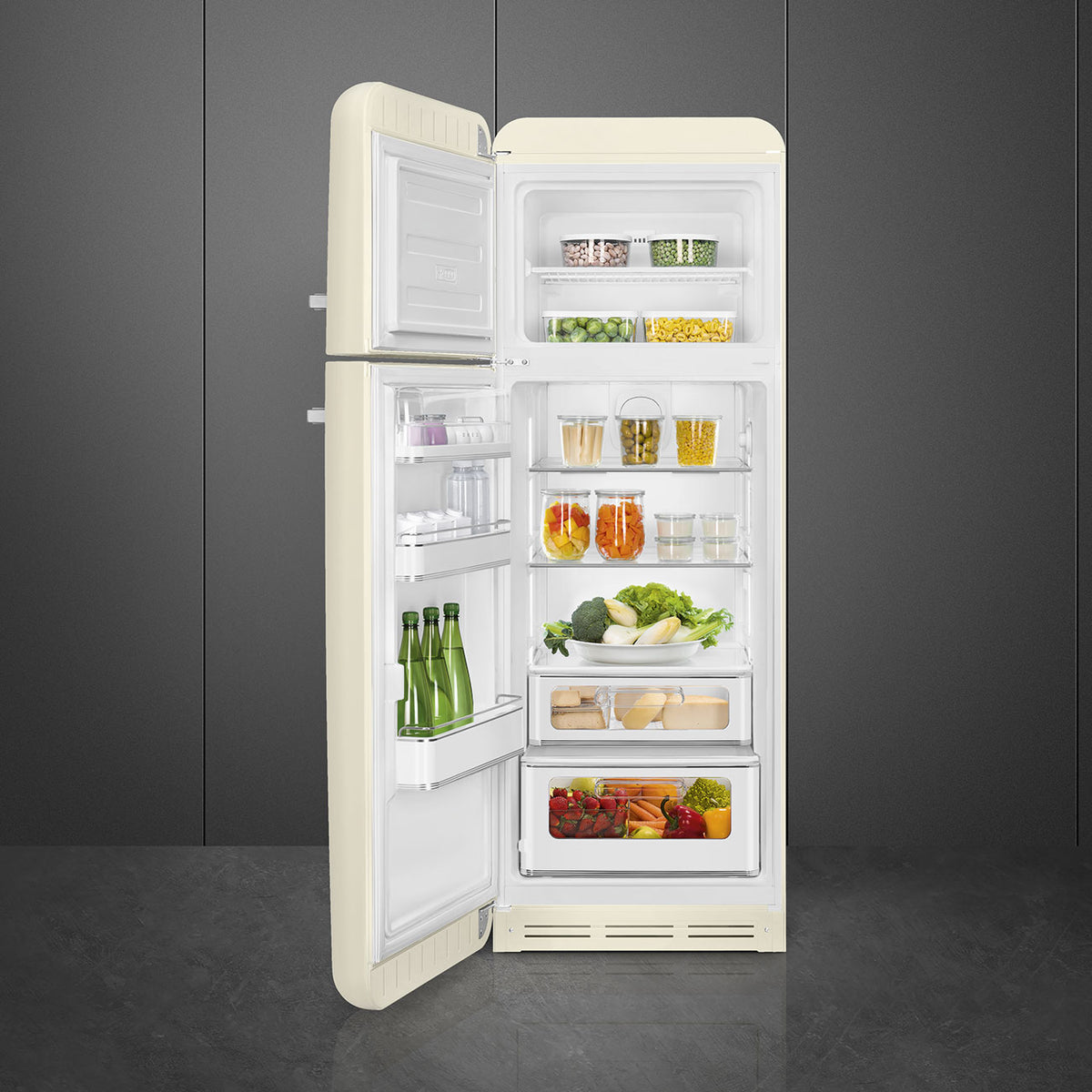 Retro Free Standing Refrigerator in Cream, Left hand hinge