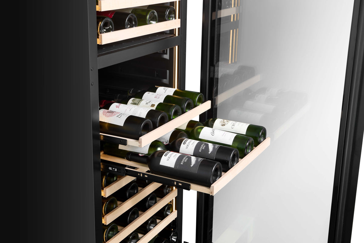 CELLA FWS93D-BLACK 110 bottle freestanding wine fridge – Black glass