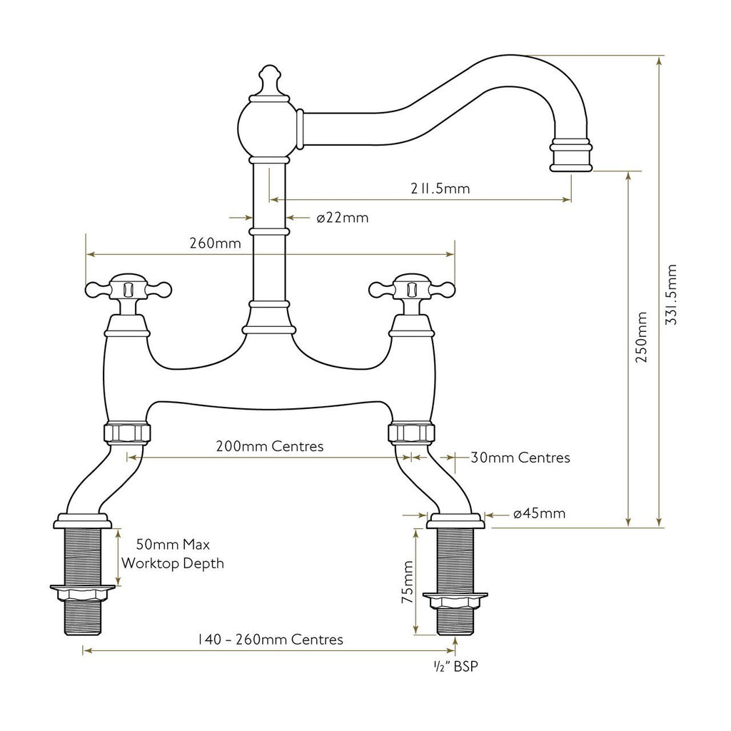 Bidbury & Co Fairford Kitchen Tap — Chrome — technical drawing