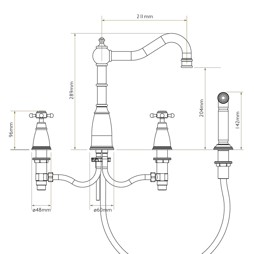 Bidbury & Co Georgeton Kitchen Tap with Rinse — Chrome — technical drawing