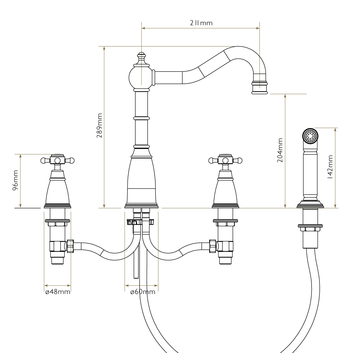Bidbury & Co Georgeton Kitchen Tap with Rinse — Chrome — technical drawing
