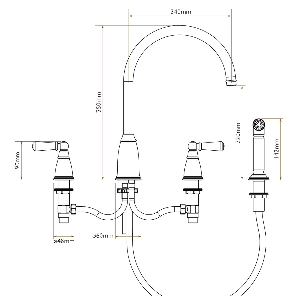 Bidbury & Co Hannington Kitchen Tap with Rinse — Chrome — technical drawing