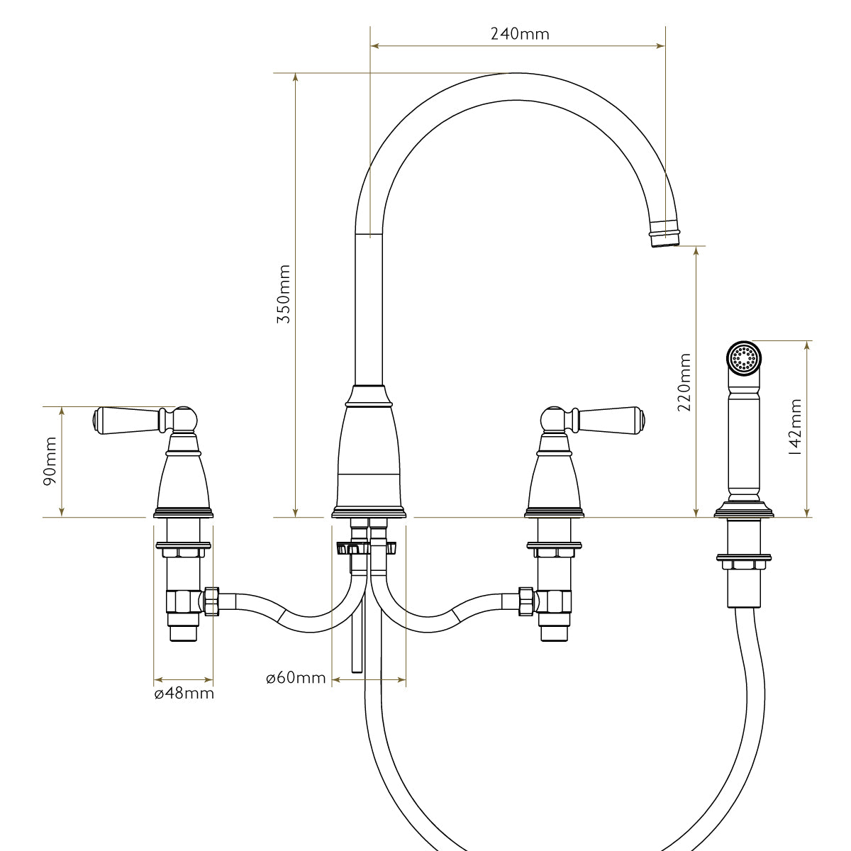 Bidbury & Co Hannington Kitchen Tap with Rinse — Chrome — technical drawing