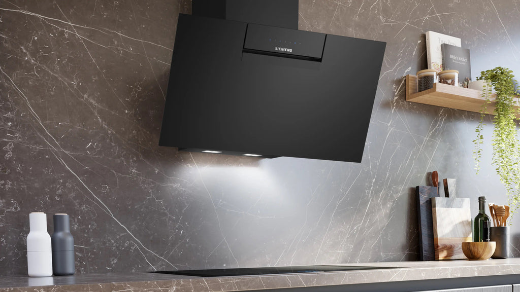 Siemens iQ300 Wall-mounted cooker hood 80 cm clear glass black printed, Black LC87KFN60B