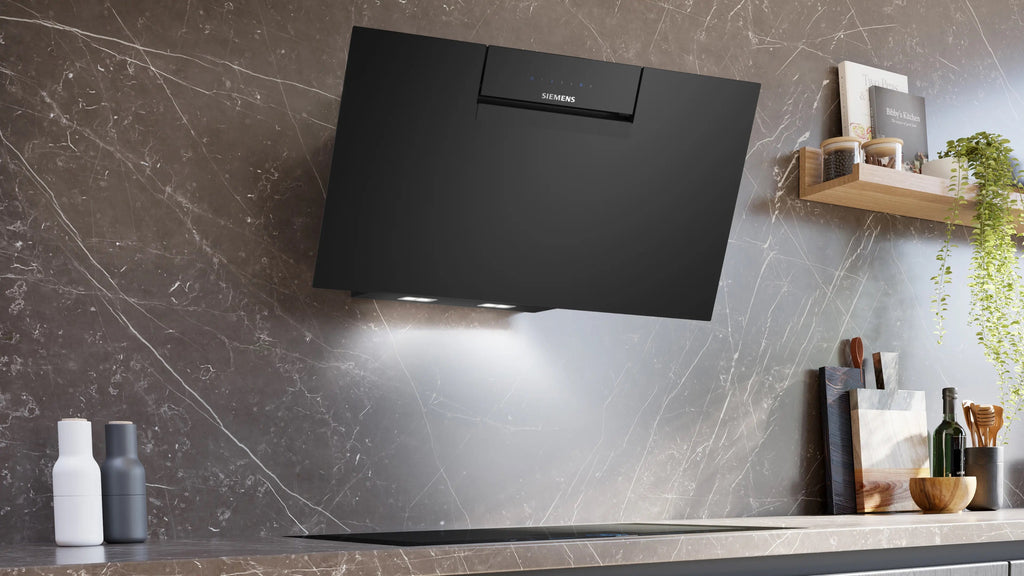 Siemens iQ300 Wall-mounted cooker hood 80 cm clear glass black printed, Black LC87KFN60B