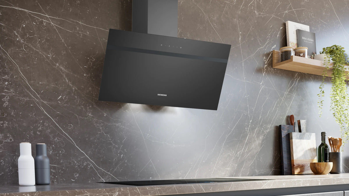 Siemens iQ100 Wall-mounted cooker hood 80 cm clear glass black printed, Black LC85KDK60B
