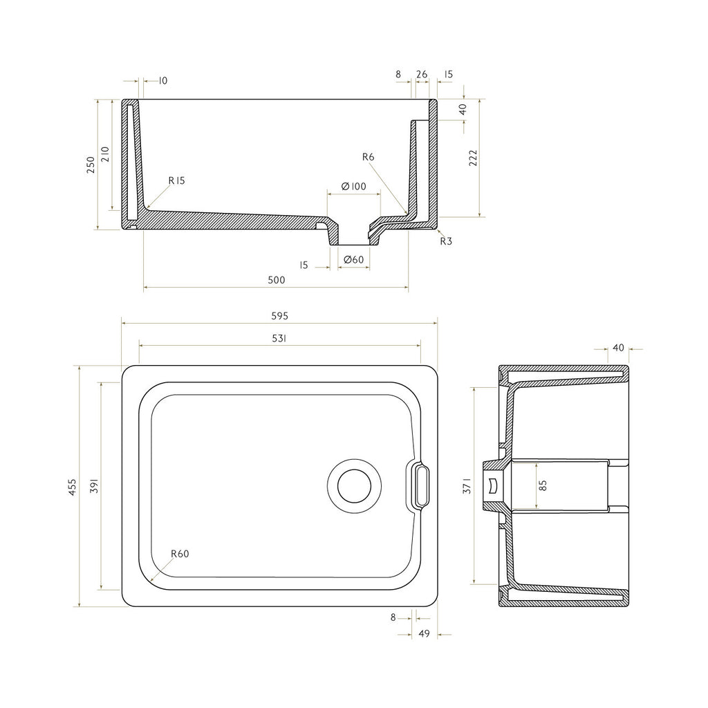 Bidbury & Co Oakford Ceramic Belfast Sink with Weir Overflow — White — technical drawing