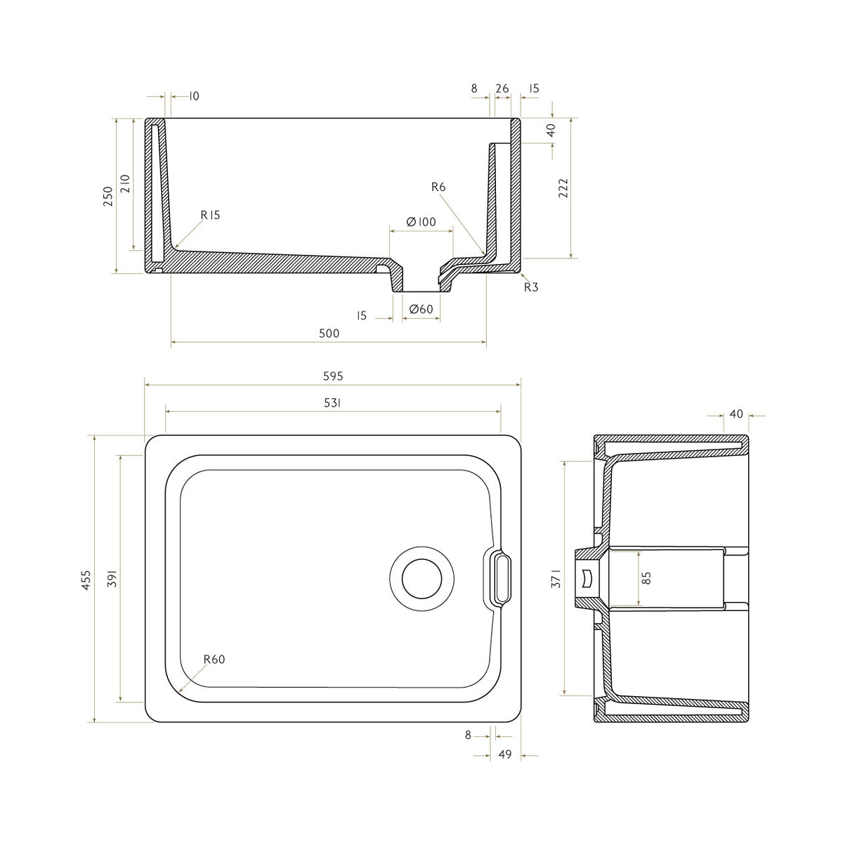 Bidbury & Co Oakford Ceramic Belfast Sink with Weir Overflow — White — technical drawing