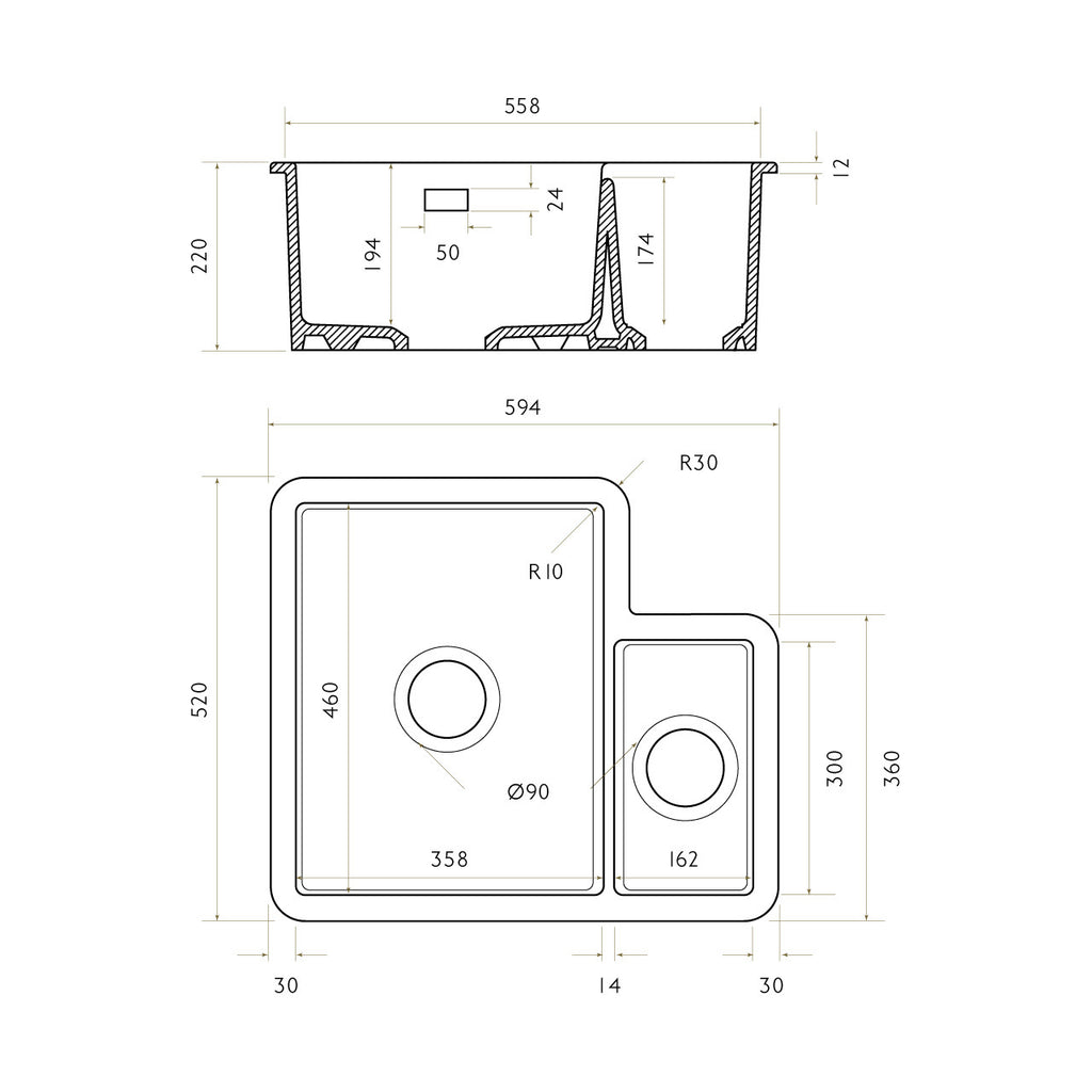 Bidbury & Co Ryeford Ceramic 1.5 Bowl Undermount/Inset Sink — White — technical drawing