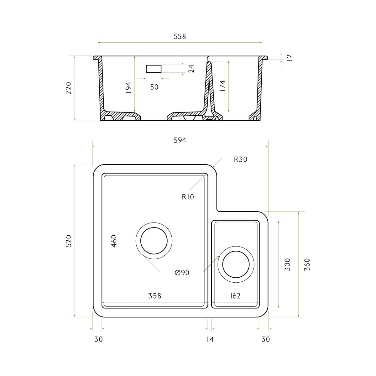 Bidbury & Co Ryeford Ceramic 1.5 Bowl Undermount/Inset Sink — White — technical drawing