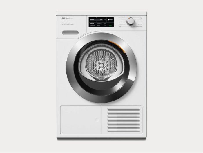 Miele TEL785 WP Freestanding Dryer in Lotus White - Chrome Door – front view