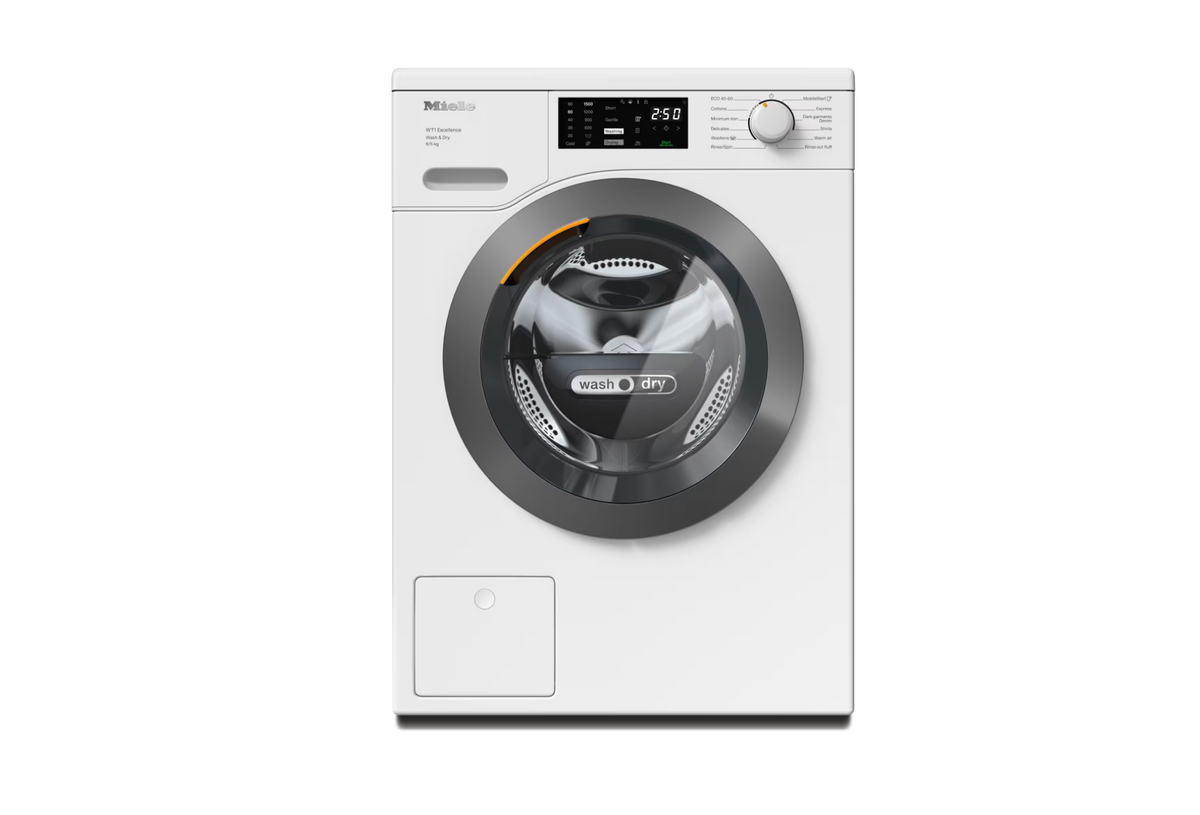 Miele WTD165 WPM Freestanding Washer Dryer in Lotus White - Graphite Door – front view