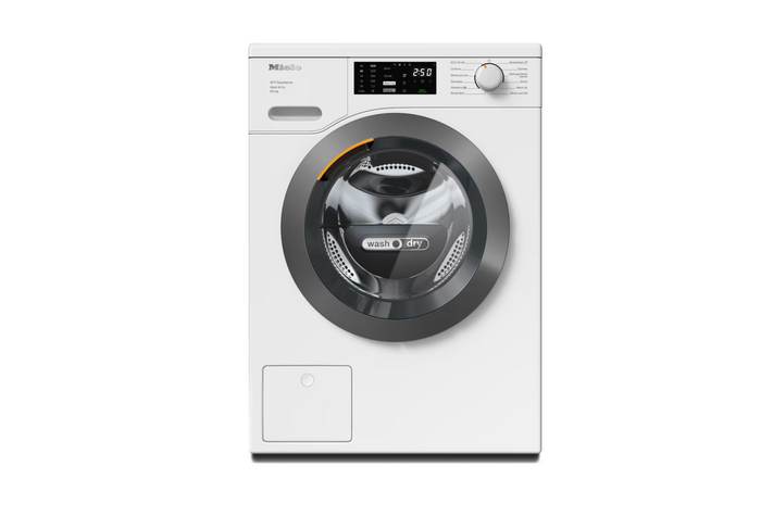Miele WTD165 WPM Freestanding Washer Dryer in Lotus White - Graphite Door – front view