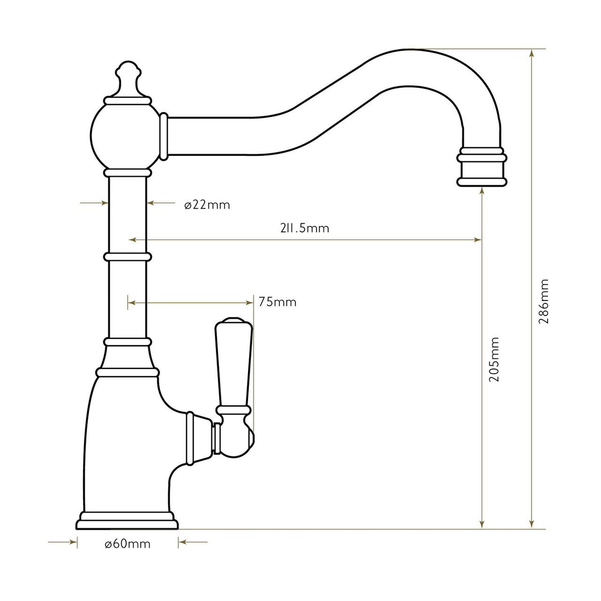 Bidbury & Co Stanton Kitchen Tap — Chrome — technical drawing