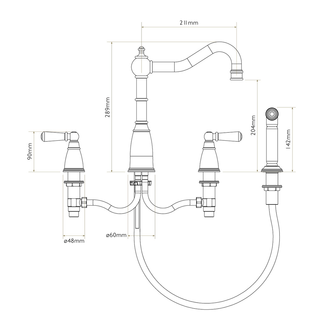 Bidbury & Co Stockwell Kitchen Tap with Rinse — Chrome — technical drawing