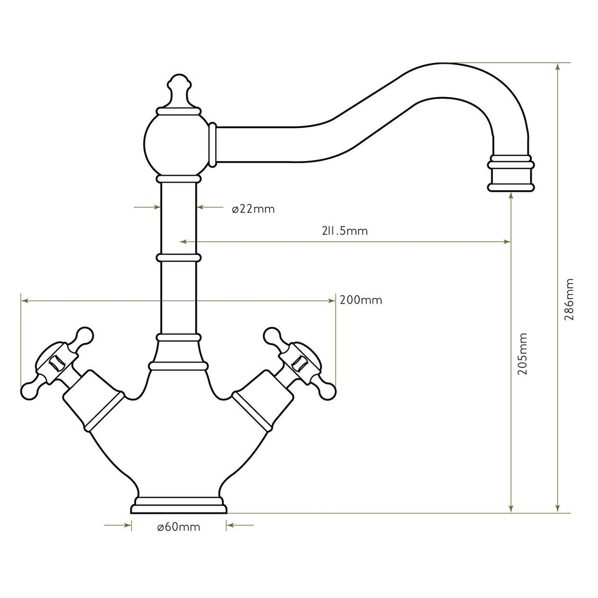 Bidbury & Co Warwick Kitchen Tap — Chrome — technical drawing