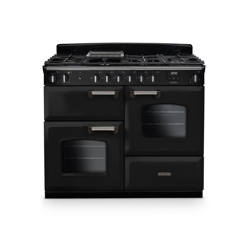 Rangemaster Classic 110cm Dual Fuel Gloss Black with Chrome trim Range Cooker front view