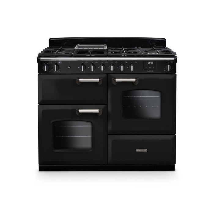 Rangemaster Classic 110cm Dual Fuel Gloss Black with Chrome trim Range Cooker front view