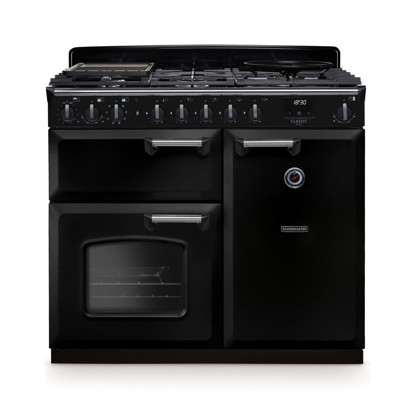 Rangemaster Classic Deluxe 100cm Dual Fuel Gloss Black with Chrome trim Range Cooker front view