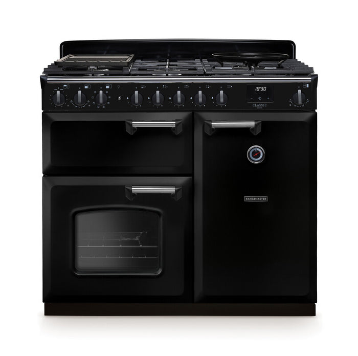 Rangemaster Classic Deluxe 100cm Dual Fuel Gloss Black with Chrome trim Range Cooker front view